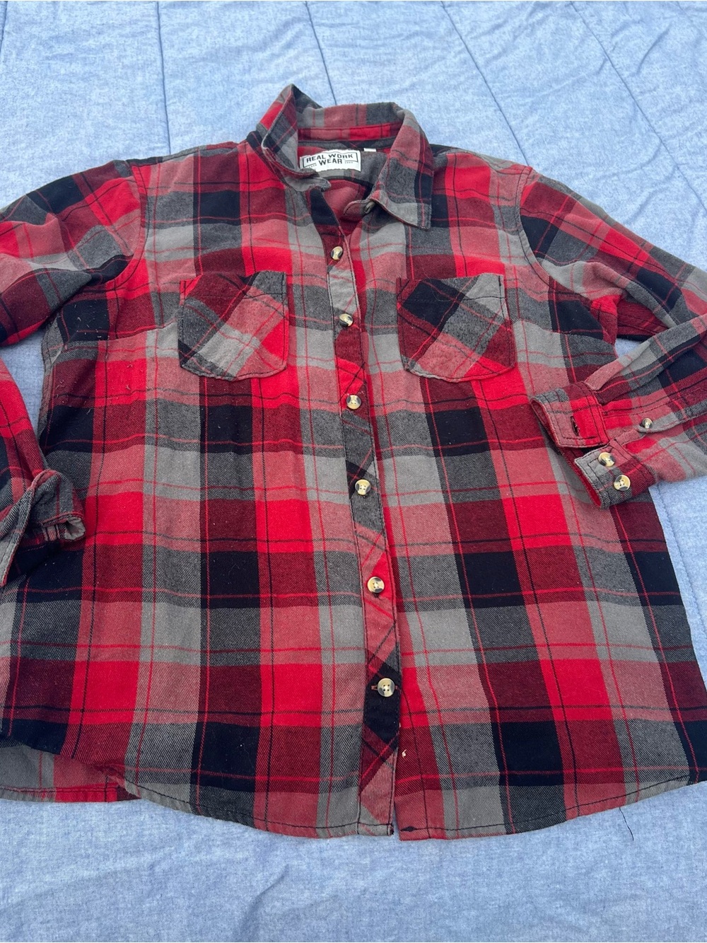 Real Work Wear Ladies Grey/Red/Black Plaid Flannel Work Shirt Size Large